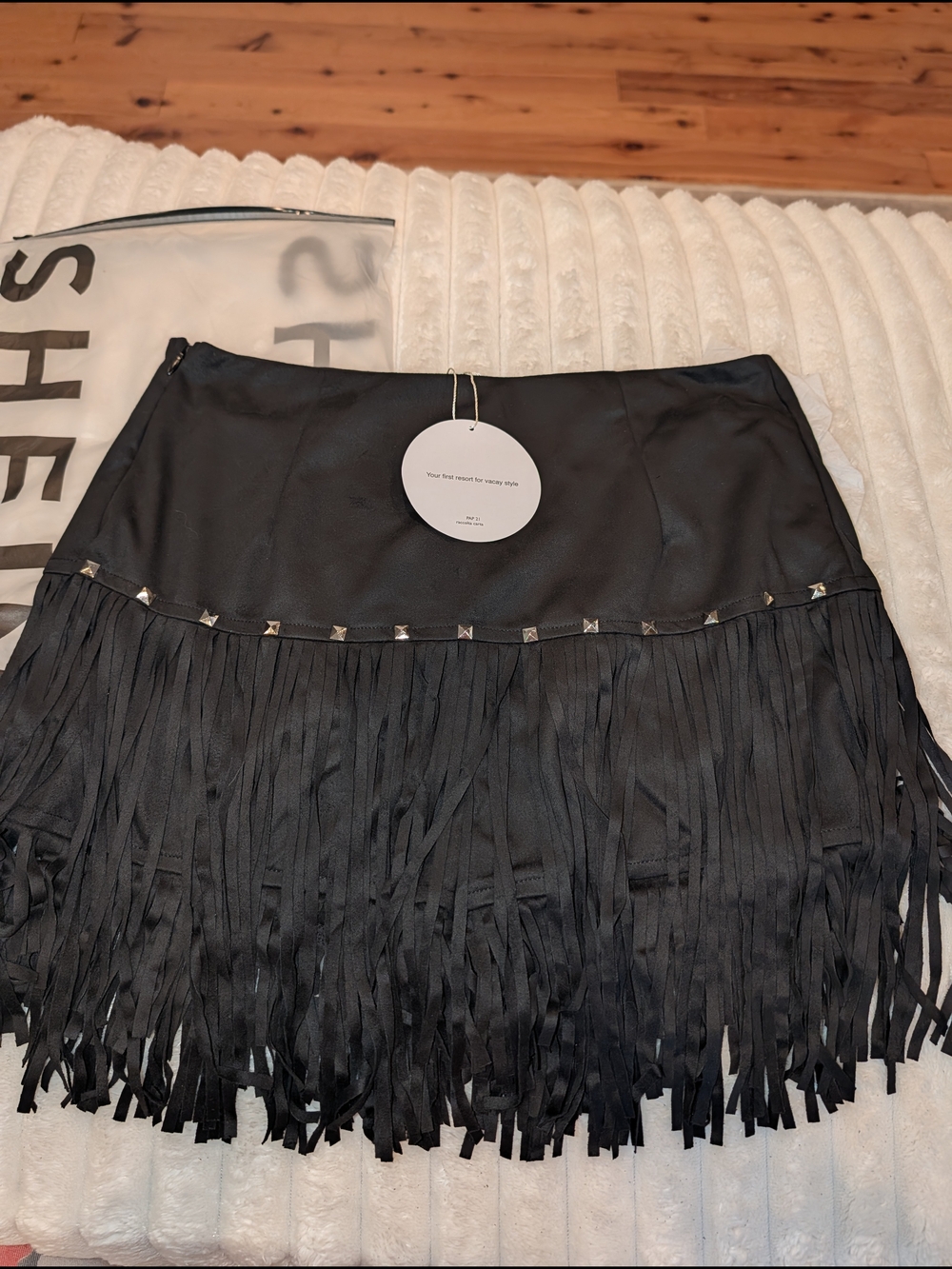 SHEIN Black Fringe Mini Skirt with Stud Trim